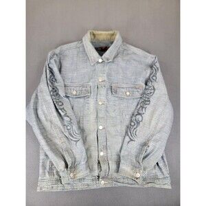 Avirex Denim Jacket Mens 2XL Blue Tribal Sleeve Graphic Button Up Distressed